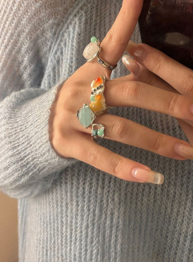 新中式仿原石开口叠搭戒指多巴胺