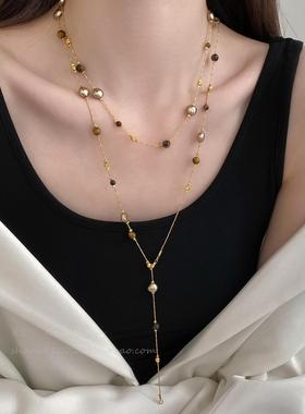 复古美拉德虎眼石仿珍珠叠戴项链