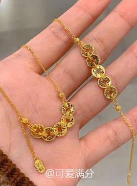 新中式古法碎碎冰金色五帝钱项链