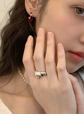 法式甜美红色蝴蝶结爱心戒指可爱