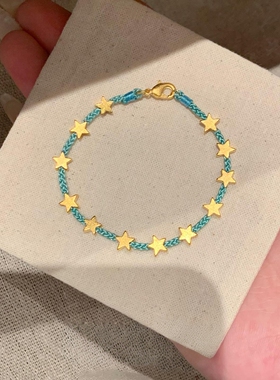 中式金色磨砂星星薄荷绿编织手绳