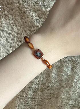 复古棕色花朵仿捷克珠串珠手链女