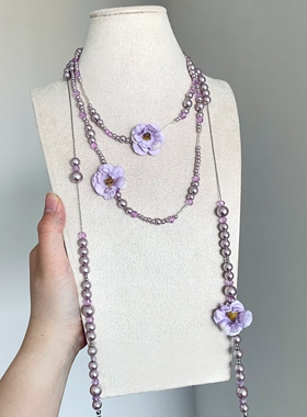 紫仿珍珠布艺花朵流苏项链度假风