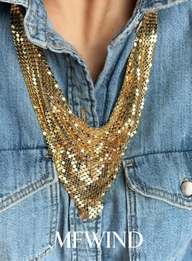 复古外戴金色爆闪亮片三角形项链