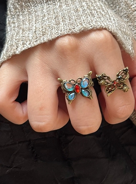 中古Vintage镂空做旧蝴蝶戒指女