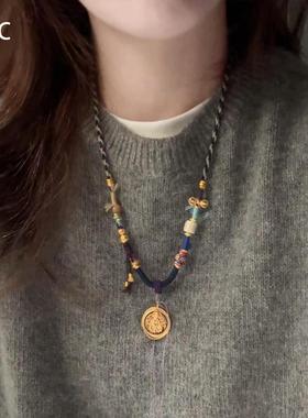 新中式仿南红玛瑙福牌编绳项链女