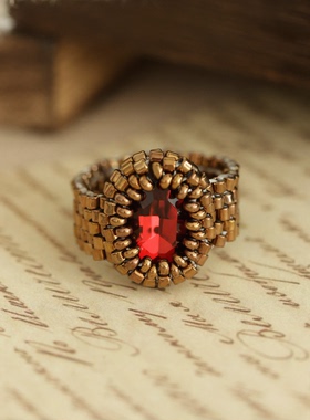 做旧编织串珠仿红宝石戒指不掉色