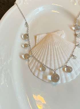 清冷感冰透白仿水晶流苏项链复古