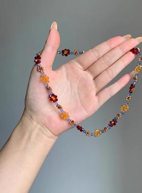 彩色花朵串珠项链小清新气质小众