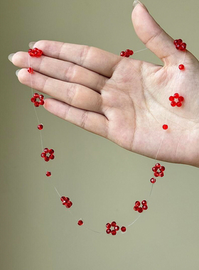 小清新鱼线红色串珠花朵项链女高级感轻奢小众新中式气质锁骨颈链