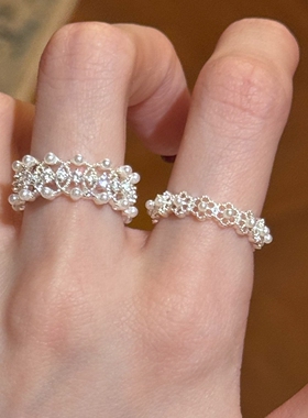 清冷感蕾丝仿珍珠叠戴戒指高级感