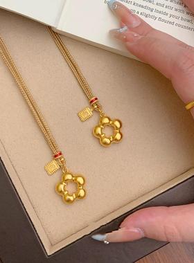 新中式金色镂空花朵福牌编绳项链