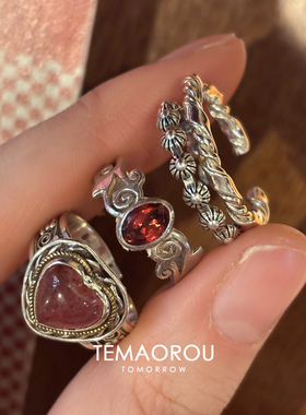 做旧银色爱心仿红宝石戒指高级感