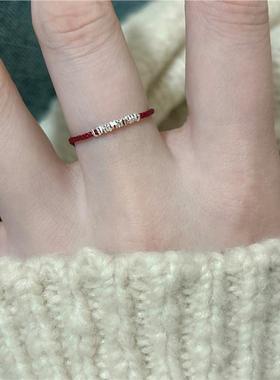 新中式仿碎银红绳绳编织戒指简约