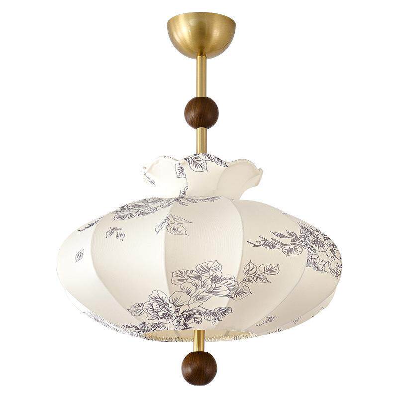 法式风复古卧室吊灯布艺花纹中古餐厅南洋实木侘寂风温馨房间主灯 - 图3