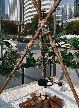 户外露营架子森系吊锅野营支撑三角木架场景树干布景花架草地装饰