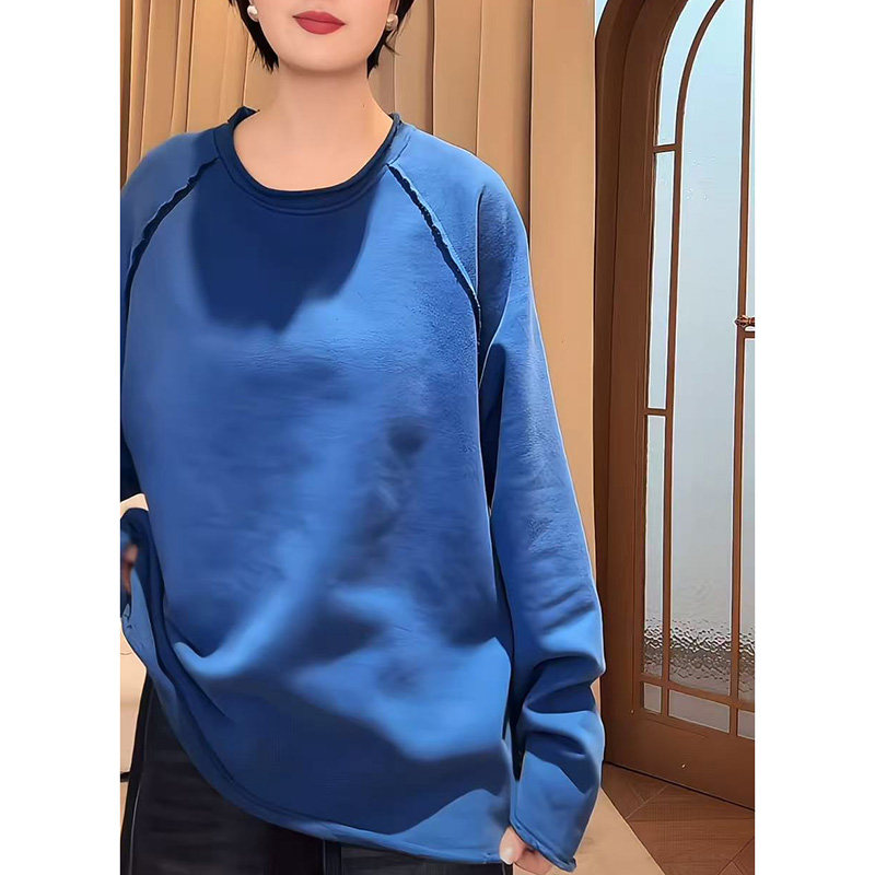 美式大码设计感卷边长袖T恤女春秋慵懒风打底衫纯色简约风上衣潮,淘宝优惠券,粉丝福利购,淘宝优惠卷