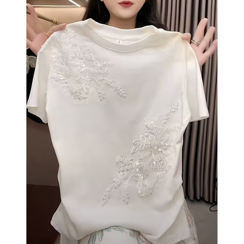 国风设计感花朵刺绣短袖T恤女洋气白色高级感上衣打底衫百搭体恤 - 图3