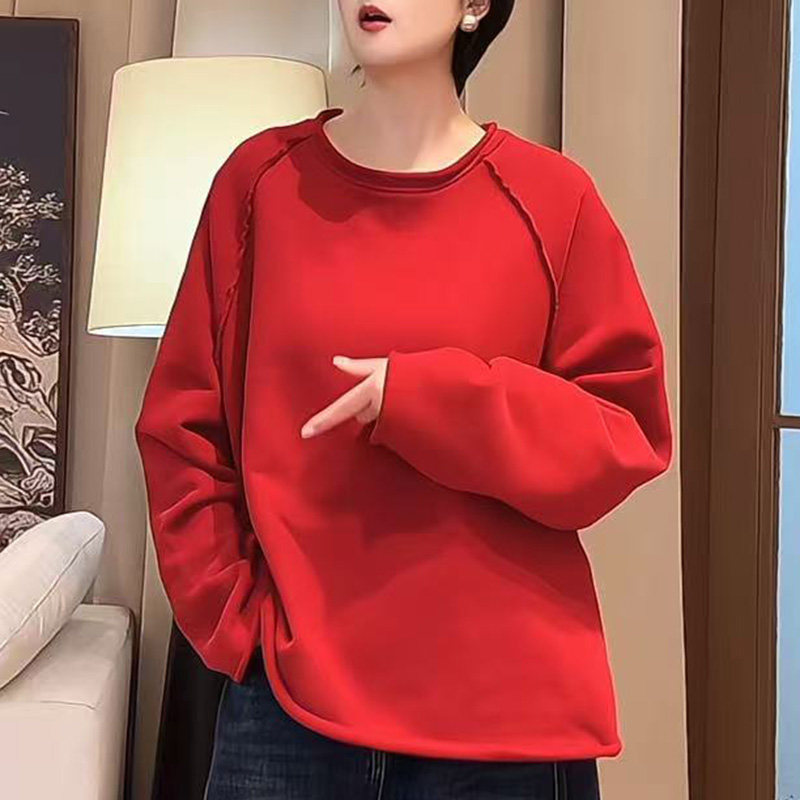 美式大码设计感卷边长袖T恤女春秋慵懒风打底衫纯色简约风上衣潮,淘宝优惠券,粉丝福利购,淘宝优惠卷