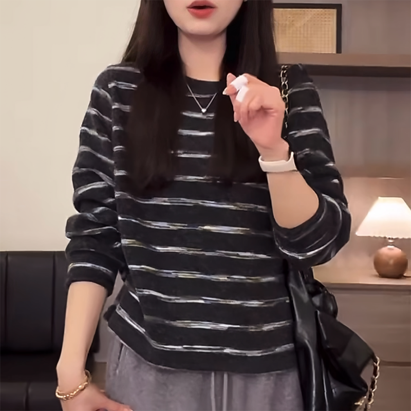 撞色慵懒风磨毛条纹长袖T恤女卫衣宽松休闲百搭显瘦上衣潮ins体恤,淘宝优惠券,粉丝福利购,淘宝优惠卷