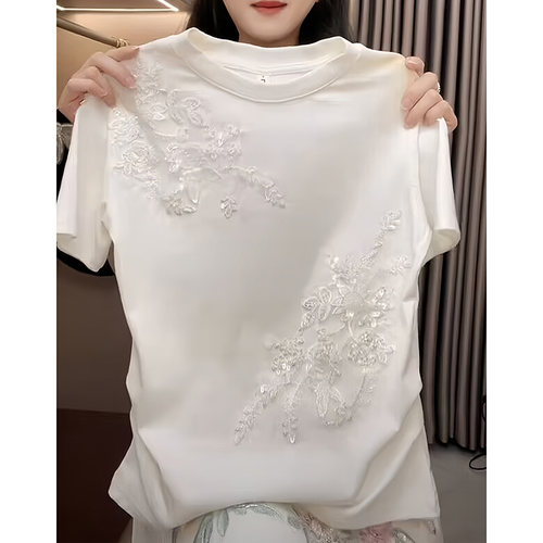 国风设计感花朵刺绣短袖T恤女洋气白色高级感上衣打底衫百搭体恤 - 图1
