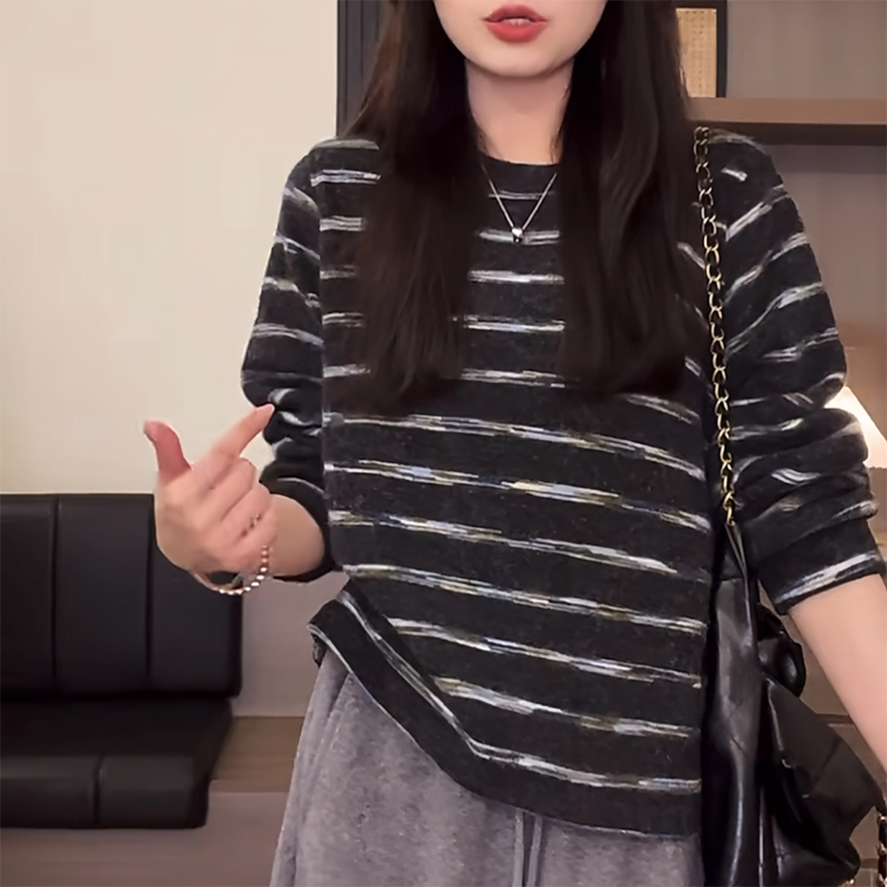 撞色慵懒风磨毛条纹长袖T恤女卫衣宽松休闲百搭显瘦上衣潮ins体恤,淘宝优惠券,粉丝福利购,淘宝优惠卷