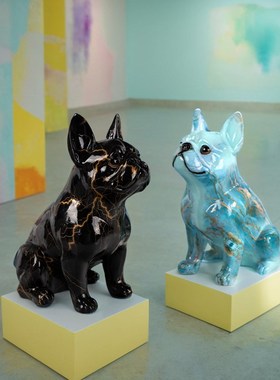 彩色涂鸦坐姿法斗犬宠物狗艺术创意家居办公装饰品树脂工艺品摆件