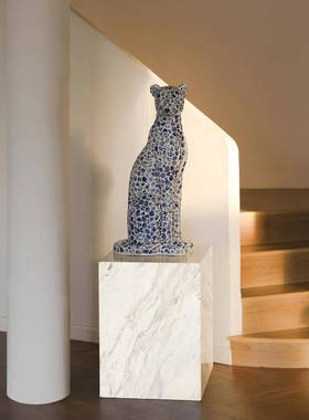 形上《豹富》法式中国风摆件手工青花贴片豹子玄关客厅开运雕塑