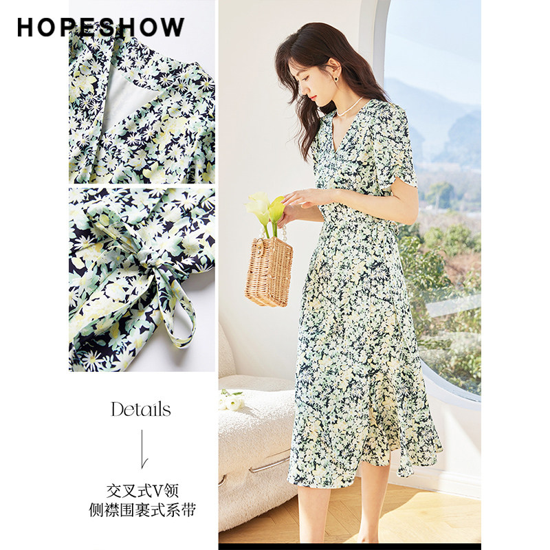 红袖夏季新款女装印花泡泡袖收腰V领套头雪纺裙,淘宝优惠券,粉丝福利购,淘宝优惠卷