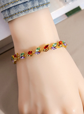 欧美ins七彩水晶手链 时尚轻奢镶钻柳叶手串小众设计个性手饰