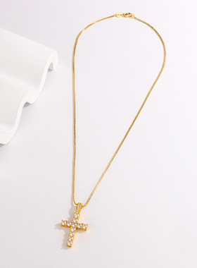 不锈钢马思维同款十字架满钻嘻哈钛钢镶锆石简约吊坠夏季男士项链