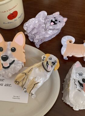 新款卡通狗柯基犬可爱发饰醋酸抓夹动物碎发夹小众设计趣味鲨鱼夹