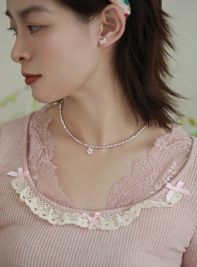 2025新款高级感粉色花朵水晶串珠项链女锁骨链小众轻奢颈链配饰品