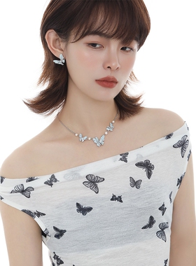 原创设计甜酷蓝色蝴蝶珍珠项链女款小众设计清冷感锁骨链气质颈链