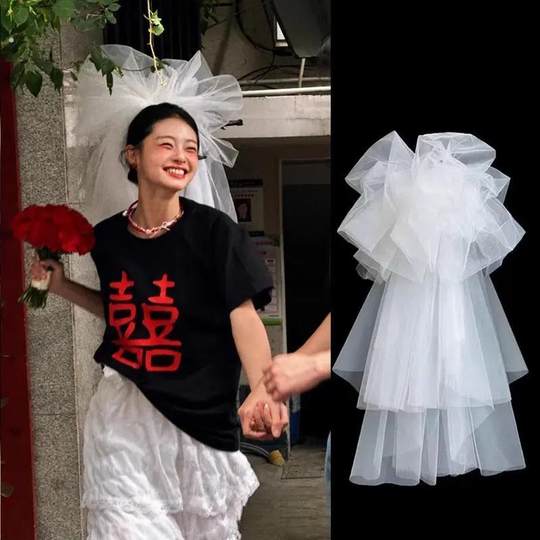 2025新款头纱抓泡云朵蓬蓬头纱韩式新娘摄影造型街拍婚纱跟妆白色