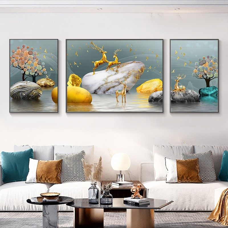 钻石画满钻客厅现代发财鹿三联画贴钻十字绣手工钻石绣0,淘宝优惠券,粉丝福利购,淘宝优惠卷