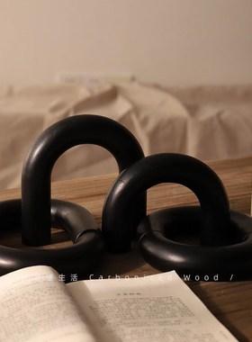 侘寂风碳化木艺术几何装饰桌面摆设客厅玄关厅酒店民宿软装