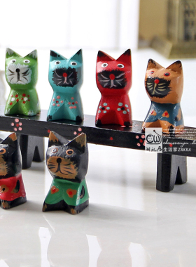 东南亚风格 巴厘岛木雕小花猫彩绘招财家居装饰品