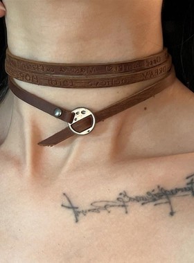 小众复古西部风百搭多层朋克choker颈带废土风字母皮革辣妹腰链