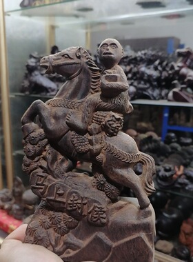 越南天然沉香木木雕摆件 生肖马上封侯木质客厅办公桌工艺品摆件