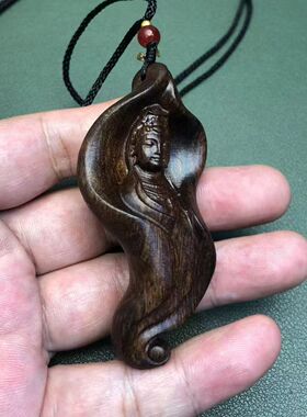 越南沉香木观音吊坠手把件文玩工艺品挂件观音头木雕荷叶菩萨项链
