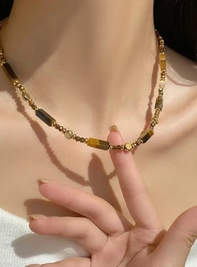 真金电镀圆形虎眼石款串珠项链新中式民族风锁骨链复古气质项饰女