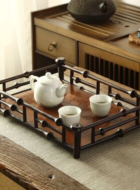 筇竹回纹席面茶托盘干炮台家居两用茶台大漆茶盘茶具收纳盘茶杯架