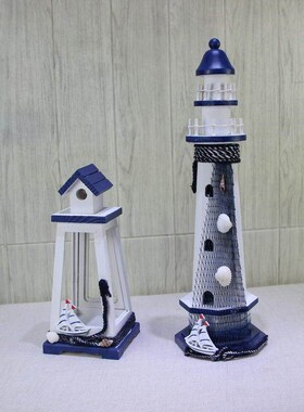 地中海风格灯塔摆设木质风灯塔组合摆件海洋风主题摆台道具装饰品
