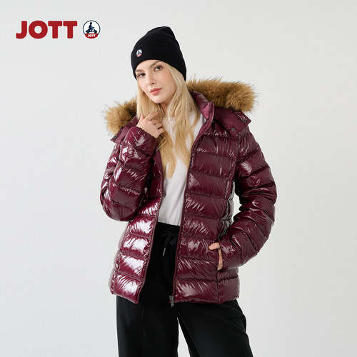 JOTT 专柜正品 | 排骨亮面羽绒服 简约时尚女士毛领连帽短款外套 - 图2