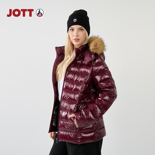 JOTT 专柜正品 | 排骨亮面羽绒服 简约时尚女士毛领连帽短款外套 - 图0