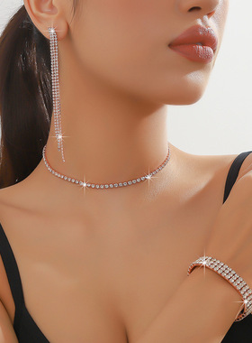 欧美时尚束颈链亚马逊爆款饰品满钻爪链手环耳环项链水钻三件套装