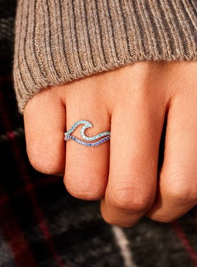 wish亚马逊热销欧美风双层波浪纹渐变蓝色戒指女电商货源