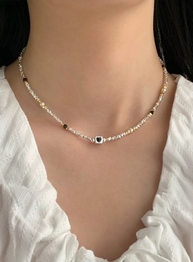 黑色爱心方块碎银子项链女锁骨链毛衣链简约轻奢小众设计感高级