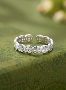 复古国潮平安喜乐铜钱戒指s925纯银镀金工艺招财钱币个性男女指环